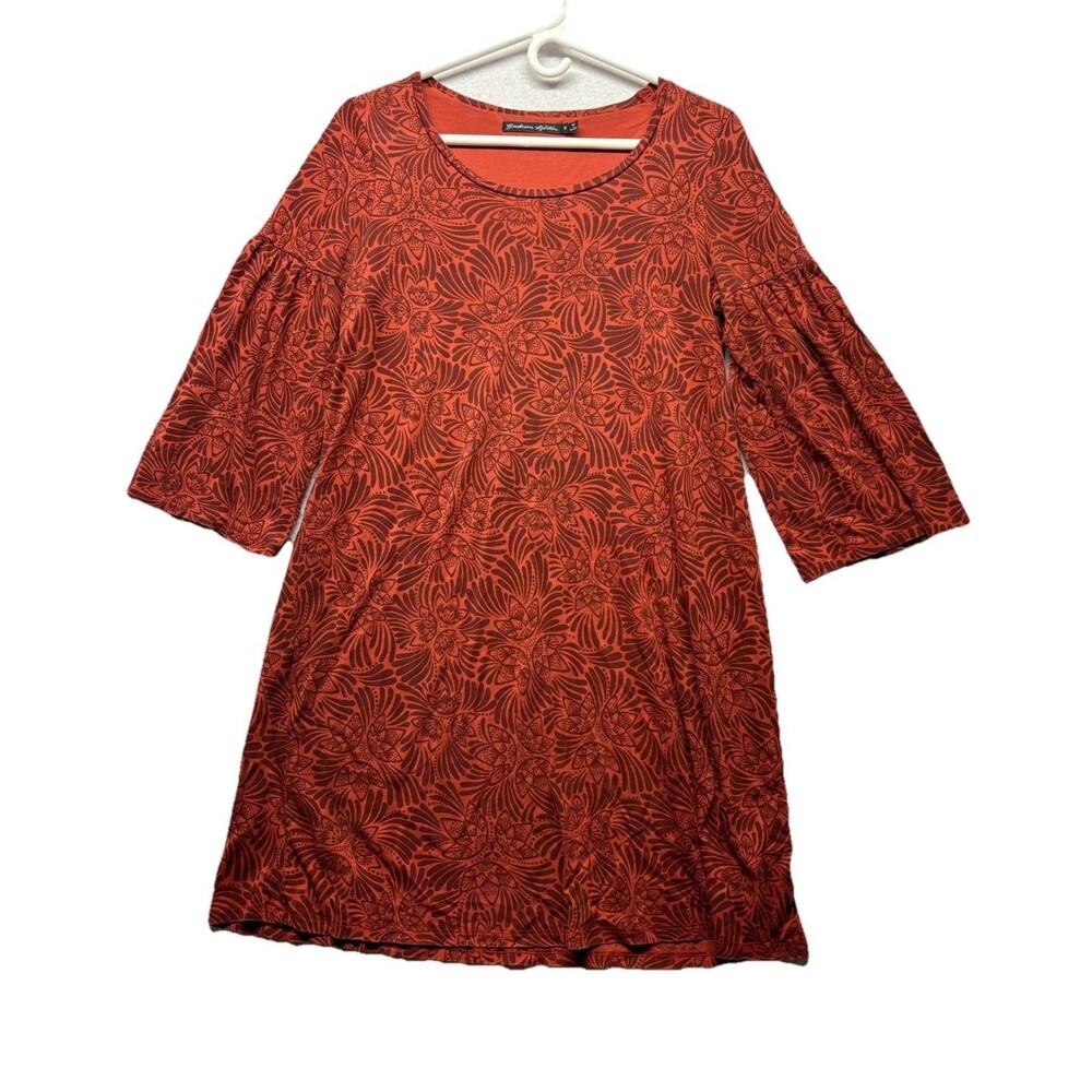 Gudrun Sjoden Dress Tunic Sz S Long Bell Sleeve Burnt Orange Lyocell Boho Floral